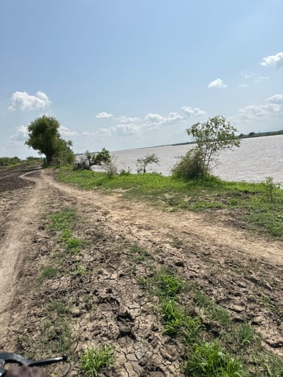 The media file depicts a landscape scene in Lau, Nigeria. The primary subjects are the natural environment: a body of water, a dirt path, and vegetation. The scene is dominated by a wide, murky river on the left, its surface reflecting the light. A dry, cracked dirt path winds through the right side of the frame, bordered by sparse green grass and patches of dry, barren earth. Several trees are visible along the riverbank and further into the background, suggesting a somewhat arid or seasonal climate. The sky is a pale blue, with scattered white cumulus clouds.

There is no discernible activity or event taking place; the scene appears to be a still, observational shot of the landscape. Notable details include the cracked earth, indicating dry conditions, and the cloudy sky, suggesting it could be daytime, possibly mid-morning or afternoon. The light is bright but diffused. The overall mood is tranquil and natural, with no signs of human presence beyond the path itself, which hints at passage. There is no visible text in the media file.