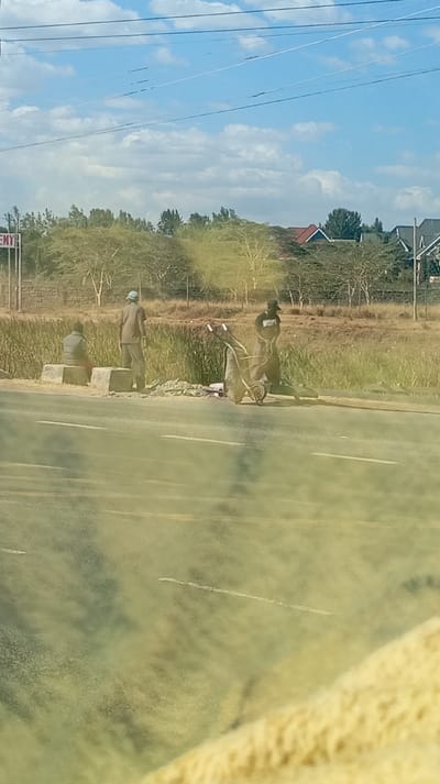Three people work on the side of a road. One person sits on a concrete block, another stands near a pile of debris, and the third person is next to a wheelbarrow. The road stretches across the bottom of the frame. Beyond the road is a grassy area with trees and houses in the distance. The sky is blue with scattered clouds. Utility lines run across the top of the image.