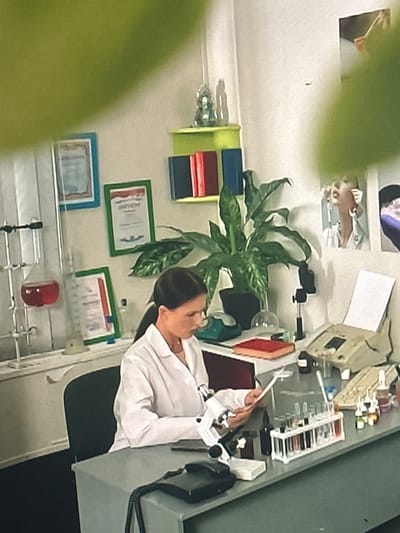 The image depicts a woman in a white lab coat sitting at a desk in what appears to be a laboratory or study. She is looking down at a document in her hands. On the desk are various laboratory equipment, including a microscope, test tubes, and a document scanner or printer. There are also framed certificates on the wall behind her, and a large potted plant. The overall environment suggests a workspace dedicated to scientific or academic pursuits. The location in Dondușeni, Moldova, is not evident from the visual information provided in the image.