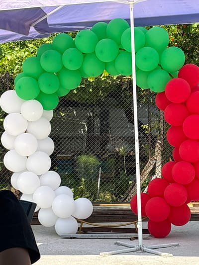 This image captures an outdoor event setup in Karadjovo, Bulgaria, under direct sunlight. A prominent balloon arch forms the central subject, composed of three distinct color sections. The left side of the arch features multiple white spherical balloons, approximately 15-20 visible, extending downwards. The top and middle section of the arch consists of numerous green spherical balloons, approximately 20-25 visible, forming a horizontal curve. The right side of the arch is made up of red spherical balloons, approximately 20-25 visible, descending towards the ground. All balloons exhibit a matte, non-reflective surface texture.
Above the balloon arch, a light purple/blue fabric canopy, supported by white metal poles and framing, provides shade. A central white metal pole, positioned slightly right of the image center, extends vertically from the canopy down to a silver-colored, cross-shaped base resting on light grey concrete or paved ground. This pole appears to be part of the canopy support and possibly the balloon arch structure.
In the background, behind the balloon arch, a dark grey chain-link fence runs horizontally across the mid-ground. Beyond the fence, dense green foliage, consistent with bushes and trees, is visible under bright light. Portions of a wooden structure or planks are also discernable through and behind the fence in the lower mid-ground.
In the immediate foreground on the far left, the top of a person's head and the left shoulder, clad in a black garment, are partially visible. The person is oriented away from the direct line of sight. A gold-colored metal frame, likely supporting the balloon arch, is partially visible on the ground behind the white balloons. No specific actions or interactions between individuals are depicted, focusing instead on the static event setup.