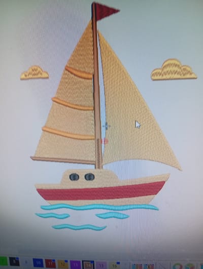 The image displays a digital illustration of a sailboat with two clouds in a light blue sky. The sailboat has a tan sail with orange stripes, a tan hull with a red band, and two dark circular windows. Blue wavy lines beneath the sailboat represent water. The bottom of the image shows a toolbar with numbered icons, suggesting it is a screenshot of a computer program. There is no information in the image to indicate a location in Rumuepirikom, Nigeria.