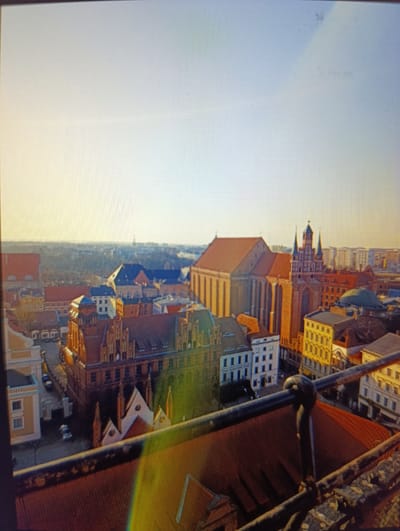 This is an aerial view of the historic Old Town in Toruń, Poland. The image showcases several prominent Gothic Revival and Brick Gothic architectural structures, characteristic of the city's UNESCO World Heritage site designation. In the foreground, a railing or balcony edge made of dark metal and weathered stone is visible, partially obscuring the view of the rooftops below.
Dominating the central part of the scene are two large, imposing brick buildings. The one on the left is a rectangular structure with a large, steeply pitched red roof and numerous tall, narrow windows. To its right is a more complex building featuring multiple spires and arched windows, a clear example of Gothic architecture. Nearby, other buildings with red-tiled roofs, brick facades in various shades of red and yellow, and distinct architectural styles are visible. Some have white or light-colored elements and windows. A green dome is also partially visible among the buildings.
In the background, a dense cityscape extends into the distance, with more buildings and some trees, suggesting the presence of a larger urban area. The sky above is bright and clear, with a soft yellow glow near the horizon, indicating either sunrise or sunset. The overall impression is that of an ancient European city bathed in warm, natural light. There are no people or vehicles clearly discernible in the image, contributing to a sense of quiet and historical grandeur.