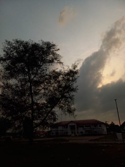The image displays an outdoor scene in Ohafia, Nigeria, captured under low light conditions, indicative of either dawn or dusk. A large, densely foliated tree, heavily silhouetted, dominates the left portion of the frame, its branches extending towards the top edge. In the midground, a multi-story building with a distinctive reddish-brown gable roof is visible. This structure, appearing light-colored beneath the dim illumination, features a central portico or recessed entrance and multiple windows. The sky occupies the upper half, transitioning from a muted grey-blue on the left to a warmer, yellowish-orange hue on the right, characterized by significant, textured cloud formations. A tall, slender pole, resembling a streetlight, stands silhouetted on the far right. The immediate foreground consists of dark, unpaved ground or low vegetation. No human subjects or discernible actions are present.