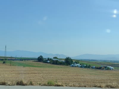 The image shows a rural landscape near the city of Larissa, Greece, on a clear, sunny day. The foreground is dominated by a field of dry, harvested crops, likely wheat or barley, with visible stubble. A paved road runs along the bottom edge of the image, suggesting it was taken from a vehicle.
In the middle ground, the landscape transitions to a mix of green fields and agricultural structures. Several buildings, possibly farmhouses or storage facilities, are visible, some covered with white tarps. Piles of hay or other agricultural materials, also covered with white plastic, are scattered around the farmstead. Tall power poles and transmission lines are also present, indicating the presence of electricity infrastructure. A large lattice tower, likely a power pylon, stands prominently on the left side of the frame. In the distance, rows of what appear to be solar panels are set up in a field, hinting at renewable energy efforts.
The background is defined by a series of rolling hills and mountains, softened by atmospheric haze, indicating a considerable distance. The sky is a clear, bright blue with a few wispy clouds. The overall impression is one of an agricultural area in a relatively flat, open terrain, with a blend of traditional farming practices and modern infrastructure. No people or animals are visible in the image.