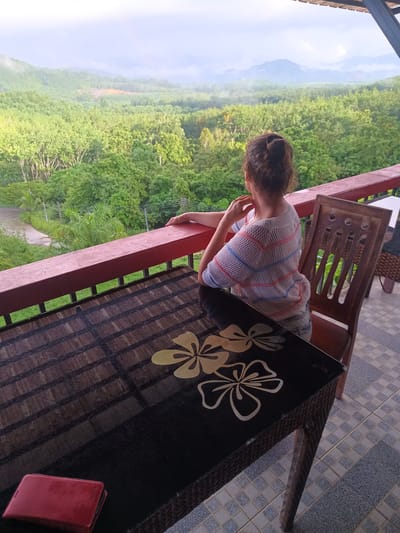 A woman with her hair tied up is seated at a dark wicker table on a balcony, her back to the viewer. She is wearing a loose-knit top with horizontal stripes of white, pink, and blue and her right arm is resting on a red railing, her left hand is touching her chin. The balcony overlooks a lush green valley with misty mountains in the distance under a cloudy sky. The table has a glossy surface decorated with floral designs and a red wallet is lying on it. A wooden chair is placed next to the woman. The location is Ban Tak Daet, Thailand.
