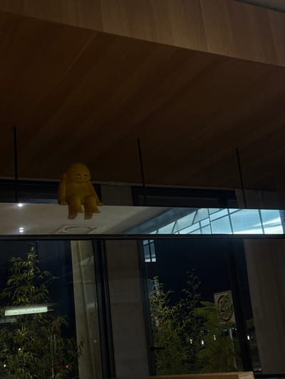 The image, captured at night in La Purísima, Mexico, presents an indoor perspective looking outwards through large windows. The upper frame features a dark wooden plank ceiling. Suspended from this ceiling by two thin black rods is a long, reflective horizontal beam, upon which rests a yellow, rotund, bald, stylized humanoid figure with closed eyes, its legs dangling. Through the lower half of the windows, the dark exterior reveals dense green foliage, with street lighting and a partially visible circular sign depicting a plant icon to the right. An interior concrete pillar is also discernible through the window panes. The scene is illuminated by ambient artificial light from the interior, contrasting with the dim exterior.