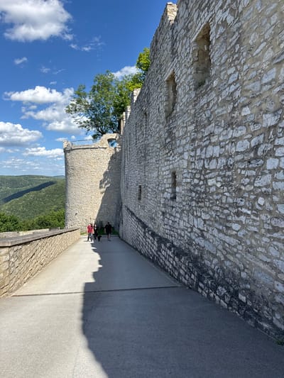 The image depicts a pathway leading towards a stone structure, likely a castle or fortress, with a hilly, tree-covered landscape in the background. The pathway is paved and bordered by a stone wall on the left. On the right, a large, weathered stone wall with rectangular openings runs parallel to the pathway. In the distance, a round stone tower with a metal railing on top is visible.

Three individuals, two adults and a child, are walking on the pathway, accompanied by a small black dog. They are all facing away from the camera and towards the stone structure. The sky above is blue with scattered white clouds. The sunlight casts a long shadow of the stone wall onto the pathway.

This scene is located at the Hohenneuffen Castle ruins, which are situated on a hill overlooking the town of Neuffen, Germany. The castle ruins are a historical landmark and a popular tourist attraction, offering panoramic views of the surrounding Swabian Jura region. The pathway shown in the image is part of the access route to the castle ruins.