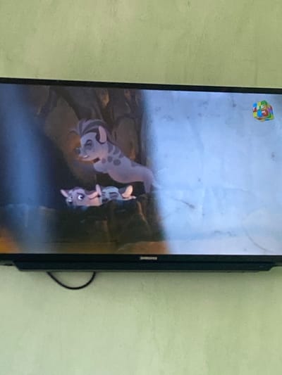 The image is a photograph taken indoors, possibly in a home in Боғистон, Tajikistan, showing a television screen displaying an animated scene. The screen shows two cartoon animal characters. One character, a light-colored hyena with dark spots, is in mid-air, appearing to leap or fall. Below and slightly to the left, another smaller, light-colored cartoon animal, possibly a cub, is lying on its back on a rock formation. The background of the animation is a rocky cave with a blueish light source on the left. In the upper right corner of the television screen, a colorful, abstract logo is visible. The television itself is black and mounted on a wall that is painted a light green color. A black cable is draped below the television.