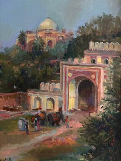 This oil painting depicts an architectural scene with several figures. In the foreground, a path winds through a grassy area, leading towards a large, ornate building. The building features arched doorways, decorative inlays, and crenellated rooftops. Its façade is painted in shades of pink, white, and yellow, with deep shadows suggesting depth within the openings.

To the left of the building, a prominent dome, painted in muted yellows and whites, rises above the structure, hinting at a mosque or mausoleum. Lush green foliage surrounds the building, with darker trees casting shadows and lighter shrubs adding texture.

Several small figures are scattered along the path and near the building. They appear to be people, though their details are impressionistically rendered in small dabs of color. Some figures are walking, while others seem to be gathered in small groups. The overall impression is one of a serene, possibly historical, location.

The lighting suggests it is daytime, with soft shadows indicating a likely late afternoon or early morning sun. The sky is painted in a pale blue, and the overall color palette is warm and earthy, with rich greens, ochres, and muted reds.

The signature "anti K" is visible in the lower right corner of the painting. The painting's style is impressionistic, with visible brushstrokes and a focus on capturing light and atmosphere rather than precise detail. The location context provided is Tutaev, Russia.