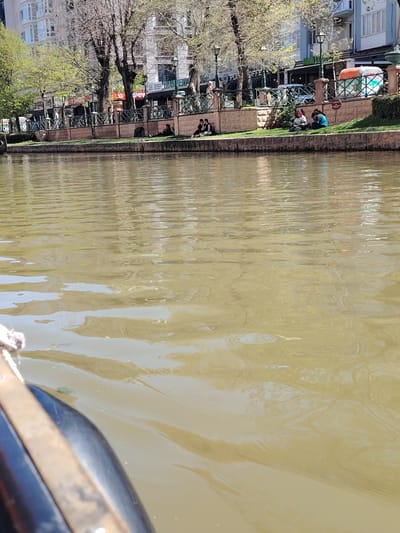 This media file presents a vibrant daytime scene along a waterway, likely a canal or river, in an urban setting identified as Eskisehir, Turkey. The photograph is taken from a low perspective, possibly from a boat, as suggested by the dark-colored hull and rope visible in the bottom left corner. The majority of the frame is filled with the water, which appears murky green-brown with ripples reflecting the sunlight.
Along the far bank, a meticulously maintained green lawn stretches, where several individuals are seen relaxing. Some are sitting alone, while others are in small groups, casually enjoying the pleasant weather. This grassy area is bordered by a decorative low stone wall, topped with an ornate dark metal fence that runs the length of the bank.
Behind the fence, a row of trees with a mix of budding green leaves and bare branches indicates the season might be spring. Interspersed among the trees are classic streetlights. Further back, multi-story buildings with various architectural styles form the backdrop, characteristic of a bustling city center. Visible text on signs includes "PUFFE COFFEE" and "TRAVELLERS," suggesting commercial establishments.
The overall atmosphere is one of leisure and tranquility, highlighting a popular spot for relaxation and potentially recreational boat rides, akin to Eskisehir's well-known Porsuk River. The bright sunlight and clear sky contribute to the inviting and calm mood of the scene.