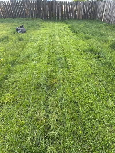 This media file depicts an outdoor scene in Kuda, Russia, featuring a vibrant green grassy area adjacent to a rustic wooden fence. The fence, constructed from weathered, unpainted vertical wooden planks or logs, forms the left boundary of the image. The expansive grassy field exhibits varying heights, with clear stripes of recently mowed, shorter grass intermingled with areas of taller, more overgrown blades, indicating an ongoing or partial lawn maintenance activity. Bright natural daylight illuminates the scene, suggesting clear weather conditions during the day. In the lower-left portion of the grass, a dark, crumpled object, resembling a black plastic bag or fabric, is visible. There are no people present, nor is any text discernible in the image. The overall setting suggests a rural or semi-rural environment.