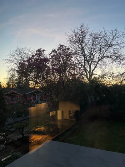 The image shows a view of trees against a sky that appears to be transitioning between day and night, possibly at dusk or dawn. The sky has a gradient of colors, from lighter hues near the horizon to a deeper blue higher up. The trees are a mix of bare branches and some with pink blossoms, indicating a possible spring season. In the lower part of the image, there's a reflection of interior objects, suggesting the photograph was taken from inside a building. The scene appears to be in a residential area, with glimpses of a house visible among the trees. The location, Foetz, Luxembourg, is only known from the prompt, and is not visibly indicated in the image.