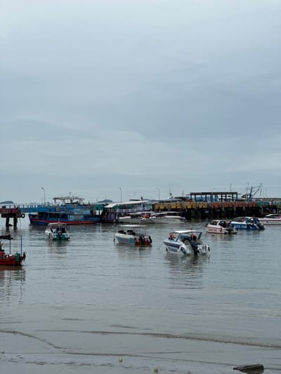 The image depicts the Ban Phe pier area in Rayong province, Thailand, under an overcast sky. Several boats are docked or anchored in the water. In the foreground, the muddy shore is visible with a small amount of water lapping at its edge. A red fishing boat is partially visible on the far left. Further back, a large blue and red ferry is moored alongside a dock. Numerous smaller speedboats, some with multiple outboard motors, are scattered throughout the scene. These speedboats are predominantly white with colored accents, and many have the word "TOUR" or other inscriptions on their sides. The pier itself is a multi-level structure with various buildings and cranes visible. The water is calm, reflecting the cloudy sky. No people are clearly discernible in the image, though life vests are visible on some of the speedboats.