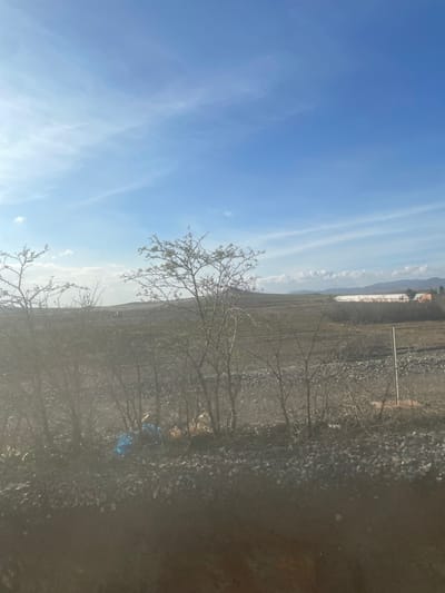 The image captures a vast, open landscape under a clear blue sky, likely taken in a rural area like Jbilate, Morocco. The horizon line is slightly tilted.
The upper half of the frame is dominated by a vibrant blue sky, streaked with long, wispy white clouds that stretch horizontally across the expanse. The sun appears high, illuminating the scene with bright, natural light.
The lower half of the image presents a wide, dry expanse of land, possibly a fallow field or barren earth, with shades of brown and gray. Several deciduous trees with bare or very sparse branches are scattered across this terrain, their dark, intricate forms standing out against the lighter ground.
In the midground, a long, low, light-colored structure, possibly a building complex or a wall, extends horizontally across the landscape. To its left, a thin, light-colored pole stands vertically. Further in the distance, faint mountains or hills are visible on the horizon, partially obscured by atmospheric haze.
A notable detail in the foreground is a blue piece of plastic or fabric litter lying on the ground near the base of one of the trees in the lower right portion of the field.
There are no people or specific activities taking place; the scene is a static depiction of a tranquil, open environment. The time of day appears to be bright daytime, likely morning or afternoon, under fair weather conditions. No visible text is present in the image.