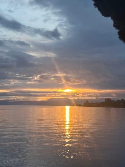 The image displays a sunset over Lake Geneva, viewed from Montreux, Switzerland, looking generally west or southwest. The sky occupies the upper portion, dominated by dark, stratified clouds ranging in color from blue-grey to orange-gold near the horizon. The setting sun is visible as an intense, bright light source near the horizon, partially obscured by clouds. A distinct vertical sunbeam projects upwards from the sun's position, and a broad horizontal band of light extends across the horizon. A small, green lens flare artifact is present in the upper-mid sky, slightly left of the main sunbeam. The lower two-thirds of the image feature the calm surface of Lake Geneva, displaying minor ripples. A brilliant, elongated vertical reflection of the sun, in golden-orange tones, extends downwards from the horizon. The distant right shoreline reveals silhouetted landforms, including trees and multiple structures, with at least one multi-story building visible. The upper right corner of the frame is partially obscured by a dark, out-of-focus mass consistent with foliage. No individuals or specific actions are discernible.