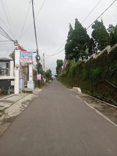 The image captures a view down a narrow, paved road or alleyway on an overcast day. The road stretches into the distance, appearing to ascend slightly. On the left side of the road, there are residential buildings and utility poles with numerous electrical or communication wires crisscrossing the sky. A prominent blue sign with white and red text is visible near the foreground on the left. The sign advertises "STEAM 24" and features a logo that appears to be a scooter or motorcycle. Below "STEAM 24," other Indonesian text is visible, including what looks like "CEPAT RAPIN MEREDAH" and potentially "CUCI JARI 08.00-24.00," suggesting a 24-hour steam wash service, possibly for vehicles. Below this large sign, a smaller purple sign displays "4,3GB," likely advertising mobile data or a similar service.
On the right side of the road, a tall concrete wall covered densely with green climbing vegetation, resembling ivy, runs along the entire visible length. Above this green-covered wall, several tall, dark green coniferous trees, possibly cypress or pine, stand prominently against the cloudy sky. Some broader-leafed plants, possibly banana trees, are also visible behind the wall. The road itself is asphalt, showing some wear and tear, and is flanked by concrete edges; a patterned concrete path is visible on the far left. A concrete curb and what appears to be a drainage ditch run along the right side of the road.
In the far distance, several small figures can be seen, appearing to be people or perhaps small vehicles, indicating some activity further down the street. The sky is uniformly light gray and overcast, suggesting a cloudy day, possibly late morning or afternoon, as there are no harsh shadows. The overall setting appears to be a residential area in what is likely Indonesia, given the text on the sign and the style of vegetation and buildings. The scene conveys a quiet, everyday atmosphere.