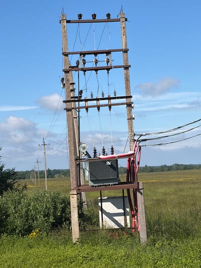 An outdoor, eye-level, medium shot captures an electrical transformer station in a field under a bright, partly cloudy blue sky. The main subject, a large, grey transformer, is situated on a metal platform supported by two concrete pillars. The transformer is dark green with ventilation fins and is connected to various wires and thick, red, corrugated tubes.

The structure is positioned within a rural landscape, with tall green grass and some yellow wildflowers in the foreground. In the mid-ground, a line of other telephone poles recedes into the distance, marking a path through a field of tall grass and scattered yellow flowers. The background consists of a treeline and a distant hill under the expansive sky. The overall impression is one of functional, rural infrastructure. There are no people or animals visible in the image. The scene appears to be located in Zarech'e, Russia.