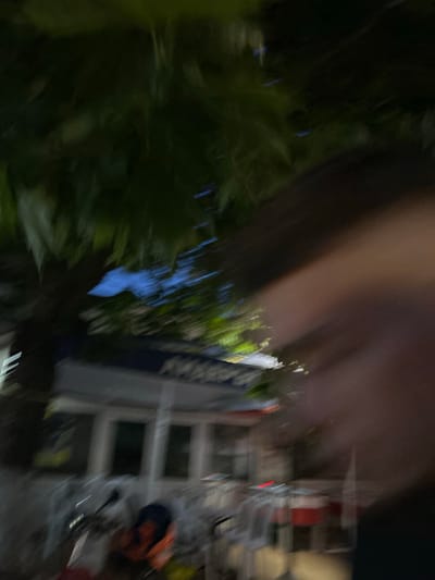The image presents a highly motion-blurred and low-light outdoor scene, hypothetically situated in Dzhebel, Bulgaria, though no discernible landmarks confirm this specific location. The lighting conditions suggest late dusk or nighttime.
The upper left quadrant of the image contains heavily blurred, dark green foliage, indicating trees or dense vegetation overhead, with fragments of a dark blue sky visible through gaps in the canopy.
In the mid-to-lower left, a light-colored building or structure featuring several indistinct, vertically oriented window-like apertures is discernible. Directly in front of this structure, multiple blurred objects consistent with outdoor seating, such as chairs and tables, are present. Some of these objects exhibit faint red glowing elements. A darker, amorphous shape, potentially a parked vehicle like a scooter or bicycle, is partially visible in the bottom left, accompanied by a blurred orange object.
The entire right side of the frame is occupied by a large, featureless, blurred mass ranging in color from tan to dark brown. This mass, which extends from the top to the bottom of the image, appears to be a close-up foreground obstruction, possibly part of a person or a large object accidentally entering the frame, causing significant obscurity to that portion of the scene. The bottom right corner is profoundly dark, possibly due to a shadow cast by this foreground element.
The pervasive motion blur across the entire image indicates that the camera was in motion during the exposure.