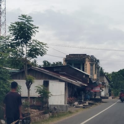 The image captures an overcast daytime street scene in Sawang, Indonesia. In the foreground on the left, a person in a dark t-shirt walks away from the camera, carrying long, thin sticks or poles. To their right is an asphalt road with a white solid line. Further down the road on the right, a person on a dark-colored motorcycle rides away from the viewer.
The right side of the street is lined with various buildings. Closest to the foreground is a single-story structure with a corrugated metal roof and white paneling. Further along the street stands a two-story building featuring an older, weathered facade with architectural elements like columns and a balcony railing on the upper floor. Other simpler buildings are visible in the background. Several trees with dense green foliage are prominent, including a tall tree in the mid-ground on the left, and palm trees are visible in the distance, characteristic of a tropical setting.
A large metal lattice tower, possibly for communication or utilities, is partially visible on the far left. Multiple power lines stretch across the grey, cloudy sky. Some shops appear to be present among the buildings, with indistinct items like speakers and blue containers visible outside one. Red and white signs are affixed to one building, but their text is illegible. The scene depicts a calm, typical day in a rural or semi-urban Indonesian street.