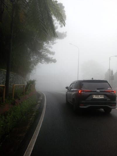 A dark-colored SUV is depicted from its rear-left on a wet, asphalt road heavily enveloped by dense fog. The vehicle displays an Indonesian license plate, 'B 2998 NFH', and its red taillights are illuminated. The road curves gently to the right, with a continuous white line marking its left edge. To the immediate left of the road, a stone retaining wall is visible, topped by a low yellow horizontal barrier. Behind this barrier and wall, a steep incline is covered in lush green vegetation, including prominent fern fronds and various trees, which fade into the fog. Multiple streetlights are faintly visible extending into the mist along the roadside, their structures largely obscured by the heavy atmospheric conditions. No individuals are present. The dense fog significantly reduces visibility throughout the scene, creating a diffused, monochromatic environment. Based on the license plate, the scene is located in Indonesia.