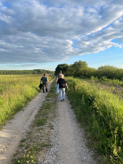 Three individuals are walking away from the camera on a gravel path that runs through a grassy field. The person in the foreground, wearing a black shirt and light blue jeans, is a woman with blonde hair. To her left and slightly ahead is a person in a dark green t-shirt and dark pants, carrying a dark jacket. Further ahead, a person in a grey t-shirt is walking. The path is flanked by tall green grass. In the background, a dense line of trees forms a horizon, and beyond that, a village or settlement with buildings and parked vehicles is visible. The sky above is partly cloudy with patches of blue sky visible. The scene appears to be in a rural or semi-rural area, possibly on the outskirts of a settlement in the city of Турово, Russia, during daylight hours.