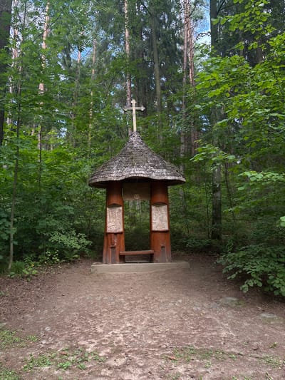 A wooden, octagonal shrine stands in a forest clearing in Talkowszczyzna, Poland. The shrine has a shingled, conical roof topped by a cross. The base of the shrine is made of concrete, and the structure itself is constructed from wooden posts and panels. Each panel is adorned with carved relief imagery. The ground in front of the shrine is a dirt path covered with pine needles and small green plants. The surrounding environment is a dense forest with tall trees and lush green foliage. No people are visible in the image.