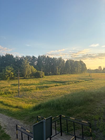 An outdoor, eye-level, wide shot shows a sunlit field and trees at dawn in Краснабярэжскі сельскі Савет, Belarus. The sky is mostly a clear, light blue, with some wispy clouds tinged with yellow and pink near the horizon. The sun is low in the sky, casting long shadows across the grassy field. The field is dotted with tall grass and some shorter, manicured patches. In the background, a dense line of green trees forms a backdrop to the field. Several utility poles with wires are visible throughout the scene. In the foreground, a gravel path leads to a set of black metal railings with yellow accents, likely part of a viewing platform or staircase. The overall impression is one of rural tranquility at the beginning of a new day.