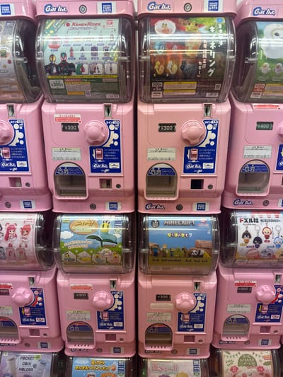 This image depicts a wall of Gachapon (capsule toy) vending machines, typically found in commercial establishments in the city of Nakano, Japan. The scene is indoors, brightly lit, and devoid of people.

The machines are arranged in a grid, with at least four columns visible and extending vertically for three full rows. The majority of the machines are uniform in design, featuring light pink casings, clear plastic domes displaying the capsule contents, blue instruction panels with Japanese text, coin slots, turn knobs, and output chutes. Most machines are branded "Gacha." with some indicating "TAKARA TOMY ARTS" or "BANDAI" as manufacturers.

Specific capsule toy themes visible include:
*   "Kamen Rider" figures.
*   Animal figures, such as cats, owls, and small birds in various poses.
*   Pastel-colored cartoon creatures/animals.
*   "MINECRAFT" character figures, depicting pixelated characters and animals from the game.
*   Anime-style female characters (possibly from "PreCure").
*   Chibi-style anime character keychains.

Pricing is displayed on each machine, predominantly "¥300" (300 Japanese Yen) or "¥400" (400 Japanese Yen). No actions or interactions are depicted; the machines are stationary, awaiting customer use. The environment is clean and organized, characteristic of a retail or arcade space dedicated to capsule toys.
