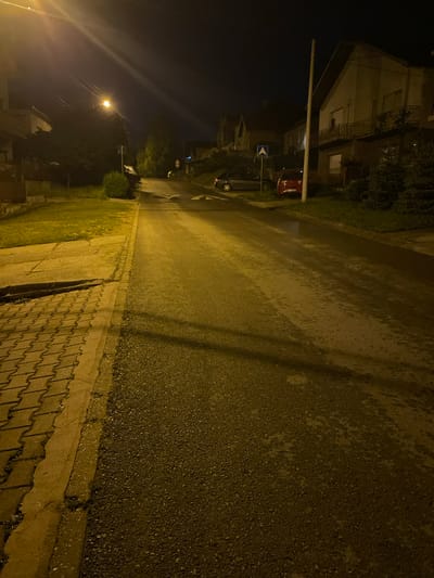 The image shows a dimly lit street in Sremska Kamenica, Serbia, at night. A street lamp illuminates the foreground, casting a yellow glow on the road surface, which appears to be wet. The road stretches into the distance, flanked by residential buildings on the left and a grassy area on the right. The street itself is paved with asphalt, and a brick-paved sidewalk runs along the right edge. A few parked cars and traffic signs are visible further down the street.