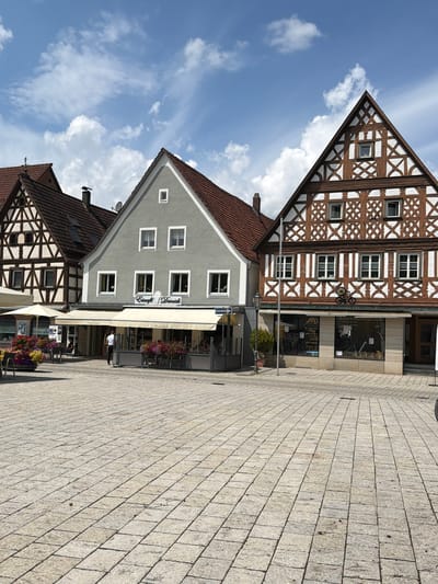 The image depicts a sunny day in Ebermannstadt, Germany, in front of a row of buildings. The foreground is a paved square with large, light-colored stone tiles. In the middle ground, there are three buildings. The leftmost building is a timber-framed house with a dark tiled roof and decorative white wooden beams. To its right is a grey-colored building with white-framed windows and a cream-colored awning extending over the sidewalk. The sign above the awning reads "Eiscafé Daniela." In front of this cafe, there are outdoor tables and chairs, some with umbrellas, and numerous pots of colorful flowers. A person in a white shirt is walking away from the viewer towards the cafe. The rightmost building is also a timber-framed structure with a similar decorative style to the leftmost one, featuring white beams on a dark wood background. This building has large display windows on the ground floor, one of which shows bicycles and related merchandise, suggesting it is a bike shop. A metal silhouette of a bicycle is mounted on the facade above the shop windows. The sky is blue with scattered white clouds.