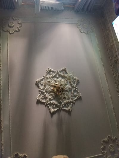The image depicts an ornate ceiling with intricate plasterwork in a room, likely a home or a public building in Navoiy City, Uzbekistan. The ceiling features a large, detailed floral medallion at its center, from which a chandelier hangs. The chandelier appears to be made of glass and metal, with multiple arms holding lights. The surrounding ceiling is decorated with borders and corner embellishments that mimic floral patterns. The walls are a muted grey, and the lighting suggests an interior setting, possibly during the day given the natural light casting shadows. The overall impression is one of opulence and classical design.