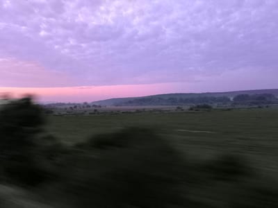 This image captures a serene landscape view, likely at sunrise or sunset, within the region of Chernograd, Bulgaria. The upper two-thirds of the frame are dominated by a vibrant and dramatic sky, transitioning from a brilliant pink and magenta glow along the horizon to softer lavender and purple hues towards the top. Scattered, wispy clouds are visible across the sky, textured against the colorful backdrop.
Below the horizon, a band of dark, forested hills or dense vegetation stretches across the mid-ground, appearing somewhat muted and hazy, suggesting either mist or distance. The lower third of the image is filled with dark green fields. These fields, especially in the foreground, exhibit significant motion blur, indicating the photograph was taken from a moving vehicle, such as a car or train. Dark, blurred shapes, possibly trees or bushes, streak across the immediate foreground on the left, further emphasizing the sense of motion.
The scene conveys a tranquil yet dynamic atmosphere, highlighting the beauty of nature during twilight hours with a distinct contrast between the vividly colored sky and the dark, blurred landscape. There is no visible text in the image.