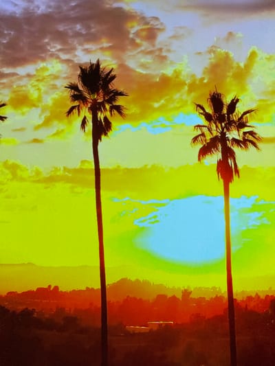 The image depicts a vibrant sunset scene with two silhouetted palm trees in the foreground against a brightly colored sky. The sky is a gradient of yellow and orange, with streaks of purple and pink in the clouds, and a brilliant blue disc, likely the sun, low on the horizon. The landscape below is rendered in deep reds and oranges, suggesting rolling hills or a distant cityscape obscured by the sunset's glow. There are no people or specific landmarks visible. The image does not contain any recognizable elements that would place it in Gorzow, Poland; the presence of palm trees and the overall aesthetic are more commonly associated with tropical or subtropical coastal regions.