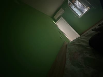 The image depicts an interior view of a room, possibly a bedroom, with green walls and a portion of a bed covered with a patterned quilt. In the upper right portion of the frame, a window with blinds is visible, and a white air conditioning unit is mounted on the wall above a white door. The lighting suggests it is daytime, with light filtering through the window and illuminating parts of the room. The room appears to be located in a residential setting in Byala Reka, Bulgaria. There are no people clearly visible in the image, and no specific actions or interactions are captured. The scene is otherwise unremarkable.