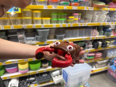 In Ivanivka, Ukraine, a person's arm is holding a brown plastic crab toy with red claws and googly eyes. The toy is in focus, held in front of a blurred background of shelves filled with various plastic containers, bowls, and storage boxes. The shelves are yellow and stacked with items of different colors and shapes, suggesting a retail or storage environment. The lighting appears to be artificial, typical of an indoor setting.