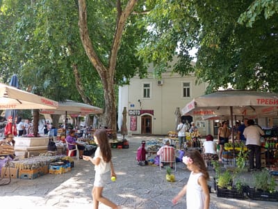 The image depicts a bustling outdoor market scene in Trebinje, Bosnia and Herzegovina, beneath the shade of large, mature trees. In the foreground, two young girls are walking across a cobblestone ground. The girl on the left, wearing a white top and denim shorts, is in motion and holding a green apple. The girl on the right, wearing a white dress with a flower in her hair, is also moving.
The market features numerous stalls under white canopies, displaying a variety of goods. In the mid-ground, there are people browsing and interacting with vendors. To the left, under a canopy with Cyrillic text that reads "ТРЕБИЊЕ" (Trebinje), a woman is seated and talking on the phone, with bags of produce in front of her. Another stall has boxes filled with packaged goods. In the center of the image, a white building with several windows and a sign reading "ФОТО МОМО" is visible. Various tables and stands are set up in front of the building and under the trees, laden with items like jars of preserves, bottles, fruits, and plants. People of various ages are present, some seated, some standing, engaged in shopping or selling. The overall atmosphere is lively and suggests a typical market day in the city.