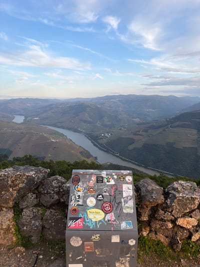 This image presents a high-angle panoramic view of the Douro Valley, observed from a viewpoint near Peso da Régua, Portugal. In the foreground, centered, is a dark grey, rectangular utility box, its upper and front surfaces extensively covered with various stickers and graffiti, notably displaying "Nett hier." and "NIETS." The box is partially enclosed by a low, rugged wall of grey-brown rocks, with green vegetation visible behind it and at the cliff edge.

The midground features the Douro River, a light blue waterway winding through the valley. Its banks and the surrounding hillsides are predominantly shaped by extensive terraced vineyards, interspersed with roads and sparsely located buildings. Rolling, forested hills extend into the distant background, fading in clarity. The sky, occupying the upper portion of the image, is a pale blue with scattered, wispy white clouds. No individuals are present in the scene.