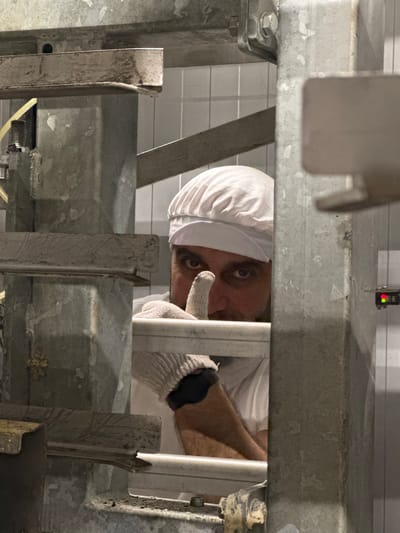 A man wearing a white chef's hat and gloves is peeking through a metal gate. He is looking directly at the camera, with his right index finger raised towards his face. The background appears to be a sterile, industrial environment, possibly a food processing facility, with tiled walls and metal structures. There is a traffic light-like signal in the background on the right side, with red and green lights illuminated. The overall impression is one of a clandestine observation or a playful interaction from behind a barrier.
