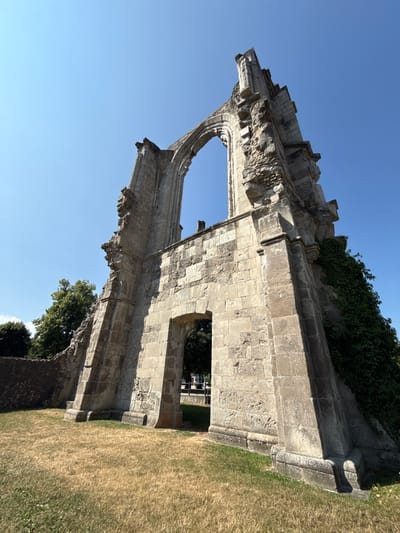 This is a low-angle, full shot of the imposing ruins of the Walkenried Abbey in Walkenried, Germany, under a clear blue sky. The primary subject is a large, weathered stone archway with a gothic architectural style, partially ruined and overgrown with ivy on the right side. The stone structure displays rough-hewn blocks of varying sizes, with visible signs of age and erosion. The archway is framed by broken stone walls that extend to the left and right. In the background, behind the archway, glimpses of green trees and a modern white building or structure are visible, suggesting the abbey is situated near a populated area. The foreground is covered with dry, golden-brown grass. The lighting suggests a sunny day, casting shadows on the stone structure. There are no people or animals visible in the image.