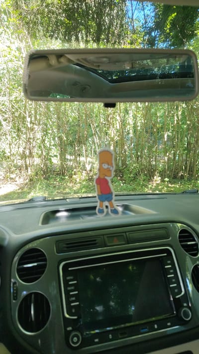 This is a photograph taken from inside a car, looking out through the windshield. The sun is shining brightly, casting dappled light through the trees. The setting appears to be a wooded area, possibly a driveway or a road lined with dense foliage.

In the foreground, on the dashboard, is a decorative air freshener in the shape of Bart Simpson from The Simpsons. He is depicted in his typical attire: a red shirt and blue shorts, with a yellow complexion and characteristic spiky hair. He is lying on his back with his arms and legs splayed out.

To the left of the air freshener is the car's rearview mirror, reflecting the green trees and blue sky outside. The interior of the car is visible in the reflection, including part of the passenger seat.

The dashboard itself features a car stereo system with a screen and various buttons and air vents. The overall impression is a casual, sunny day drive through a natural landscape. The image is shot from a slightly angled perspective, emphasizing the interior of the car and the view outside.