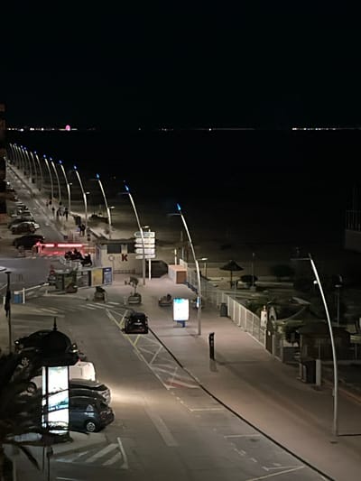 The image depicts a nighttime scene in Palavas-les-Flots, France, showing a view of a walkway or promenade lit by streetlights. The dark expanse to the left of the image suggests a body of water, likely the Mediterranean Sea. The walkway is lined with various structures, possibly shops, restaurants, or tourist facilities. People are visible along the walkway, but their actions and interactions are difficult to discern due to the low light. Streetlights illuminate the walkway and a paved road alongside it, where parked cars are visible.