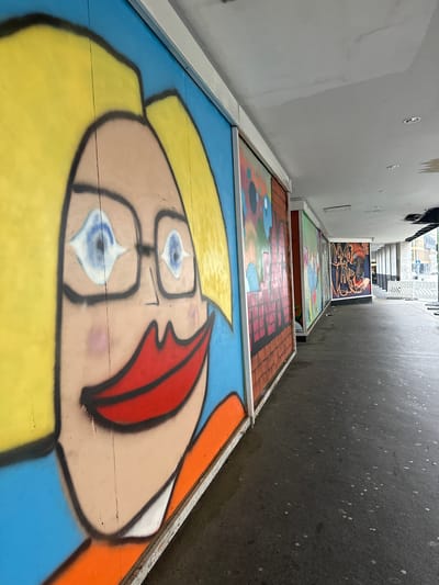 The image depicts an alleyway in Osnabrück, Germany, adorned with a series of painted panels leaning against the walls, creating a temporary art installation. The alley itself is narrow, with a contrasting aesthetic: one side is a smooth, light-colored wall, while the opposite side is rough and dark. The panels display cartoon-like figures with bold outlines and bright colors. The closest panel features a large, upside-down face with yellow hair, blue eyes, and red lips, painted against a blue background. Further down the alley are more panels, exhibiting other cartoonish and abstract designs. The alley appears to lead to a set of stairs visible in the distance, suggesting a possible exit or access point. The overall impression is that of an urban space transformed by vibrant and playful artwork.