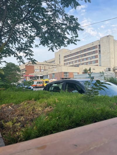 The image captures a street scene in Petrich, Bulgaria, on a day with a partly cloudy sky. In the foreground, a lush green hedge and some dry, brown vegetation are visible, partially obscuring a dark-colored car. Beyond the car, a large, modern building with many windows dominates the background. Further down the street, other buildings can be seen, including what appears to be a medical facility, indicated by a sign with Cyrillic text that reads "СПЕШНА МЕДИЦИНСКА ПОМОЩ" (Emergency Medical Aid) and a cross symbol. An ambulance and other vehicles are parked along the street. To the left of the frame, a large tree with dense foliage shades a portion of the scene. The overall impression is one of an urban environment on a typical day.