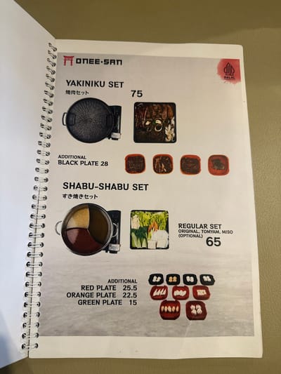 An overhead shot captures an open, spiral-bound menu from a restaurant named "ONEESAN," resting on a light-colored surface. The menu features offerings for Yakiniku and Shabu-shabu, illustrated with accompanying food and cooking equipment.
On the left page, a "YAKINIKU SET" priced at "75" is displayed, showing raw meats in a rectangular tray and a round grilling pan. Below this, "ADDITIONAL BLACK PLATE 28" is listed.
The right page details a "SHABU-SHABU SET" with a "REGULAR SET" priced at "65." This set includes options for soup bases: "ORIGINAL, TOMYAM, MISO (OPTIONAL)." An image shows a platter of fresh vegetables and tofu, alongside a divided hot pot. Below, additional plate options are listed: "RED PLATE 25.5," "ORANGE PLATE 22.5," and "GREEN PLATE 15," each accompanied by small plates of various ingredients.
A "HALAL" logo is visible on the top left corner of the menu page. The text is primarily in English, with Japanese characters present for the Yakiniku (焼肉セット) and Shabu-shabu (すき焼きセット) set names. The setting appears to be indoors, likely a restaurant, with artificial lighting illuminating the menu. The image is a close-up, focusing on the food selections and pricing.