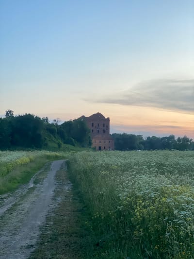 The image depicts a rural landscape at dusk. A dirt road winds through a field of white wildflowers. In the background, a large, dilapidated brick building, possibly an old mill or factory, stands amidst lush green trees. The sky above transitions from a pale blue to soft hues of pink and orange, indicating the setting sun. The scene appears serene and uninhabited, capturing a moment of natural beauty and architectural decay in a rural setting. The location of Yuryatino, Russia, is not explicitly visible in the image but is provided as contextual information.