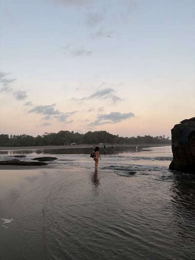 The image depicts a late afternoon or early evening scene on a beach in Selemadeg, Indonesia. The sky above is light blue, transitioning to a soft pinkish-orange hue near the horizon, with scattered grey stratocumulus clouds. A small, dark airplane is visible as a silhouette in the upper-left quadrant of the sky.

In the mid-ground, a person with dark, curly hair, wearing a dark two-piece swimsuit, stands with their back to the viewer, wading in shallow water. A dark bag or garment is draped over their left shoulder. The individual faces towards a distant treeline of dense tropical foliage, which forms the background and likely represents a coastal jungle. Several small structures or huts are discernible among the trees.

The immediate foreground and mid-ground consist of dark, wet sand and shallow water with gentle ripples and small waves. Several dark, irregular rock formations are partially submerged in the water. A large, dark, weathered rock or cliff face occupies the right side of the frame, extending from the bottom to about two-thirds up the height of the image. Multiple other indistinct human figures are visible walking in the distance along the water's edge and on the wet sand, appearing as dark silhouettes against the lighter sky and distant beach. The overall scene suggests a calm, transitional period of the day on a tropical coast.