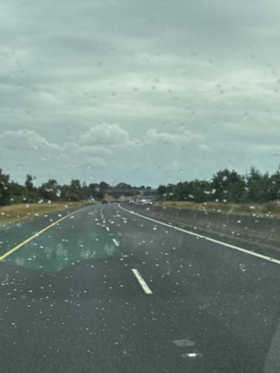 The image shows a view from inside a vehicle traveling on a multi-lane highway under an overcast sky. Raindrops are visible on the windshield, creating a blurred effect. The highway has a yellow line dividing the lanes and a white line on the right shoulder. Trees and vegetation line the sides of the road, with a bridge or overpass visible in the distance. There are other vehicles on the highway, but they are out of focus. The location is identified as Ballyduff South, Ireland.