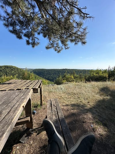 The image depicts a scenic overlook from a wooded area, likely a park or natural reserve. In the foreground, a rustic wooden picnic table and bench are positioned on a dry, grassy ground. A pair of dark sneakers is visible, suggesting someone is seated on the bench. A blue can is on the ground near the table. The background offers a panoramic view of lush green valleys and hills under a clear blue sky. The scene evokes a sense of tranquility and natural beauty. The specific location in the city of Nihyn, Ukraine, is not ascertainable from the image alone.