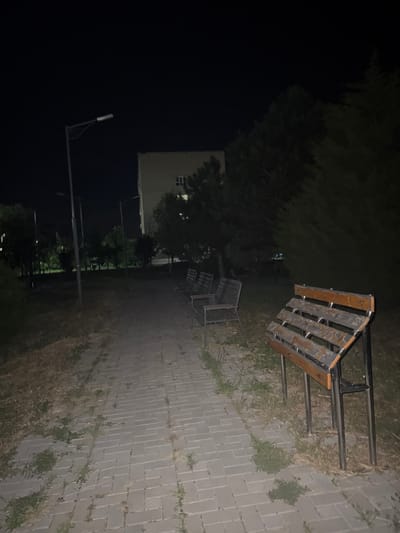 The image depicts a deserted park at night in Egorlykskaya, Russia. A paved walkway stretches into the darkness, bordered by overgrown grass and scattered weeds. Several empty park benches are visible along the walkway, some appearing weathered and worn. A streetlamp illuminates a portion of the path and casts long shadows. In the background, a multi-story building stands under the night sky, its windows dimly lit. Dense trees and foliage frame the scene, contributing to the somber and isolated atmosphere. The overall impression is one of stillness and abandonment.