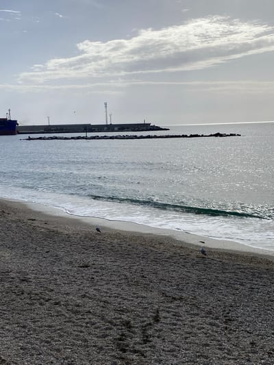 The image depicts a view of the Mediterranean Sea from the beach in Garrucha, Spain. In the foreground, a pebbly beach is visible with two seagulls. The sea is calm with gentle waves lapping the shore. In the middle ground, a breakwater made of large rocks extends into the sea, with a lighthouse or tower at its end. Beyond the breakwater, a large blue cargo ship is docked, with industrial structures and communication towers visible on the shore. The sky is overcast with scattered clouds, and the overall lighting suggests it is daytime. The scene is characteristic of a coastal port town.